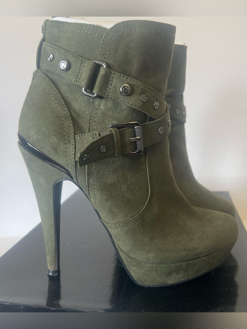 Guess Olive Green Suede High-Heel Ankle Boots with Buckle Detail